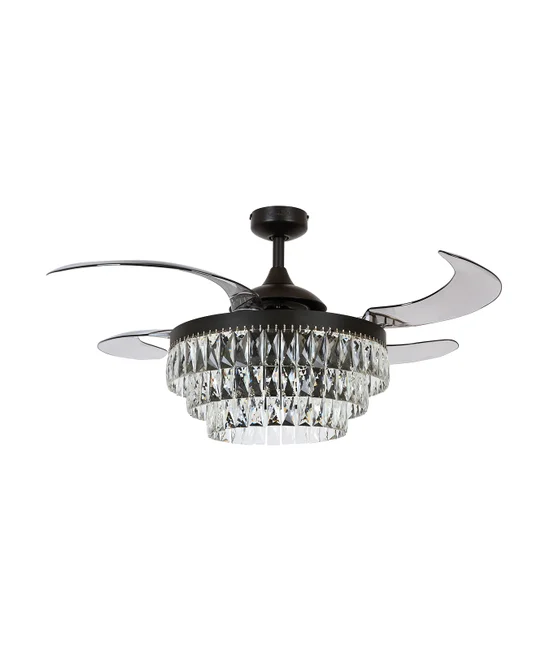 Ceiling Fan In Black With Smoke Coloured Retractable Blades And Light