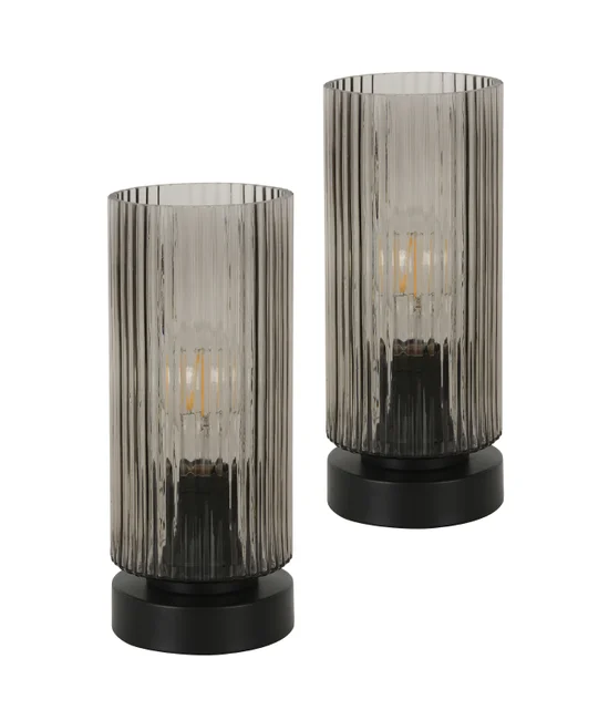 1 Light Touch Table Lamp in Black with Smoke Glass with USB, 2 Pack