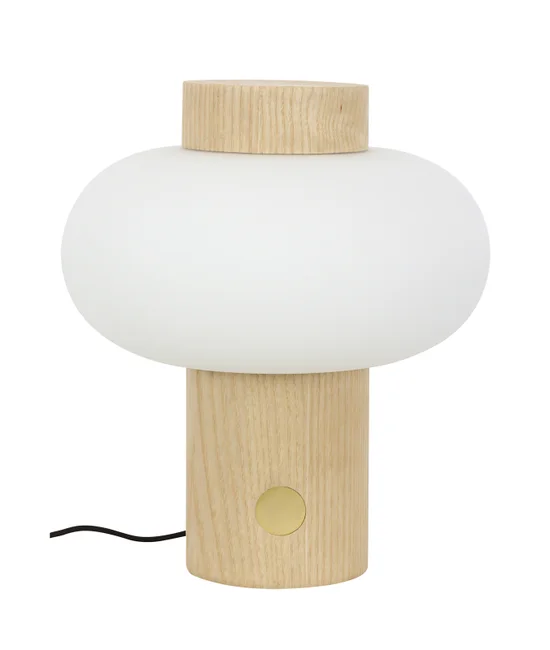 1 Light Touch Table Lamp in Teak with Opal Frosted Glass Shade and Brass Detail